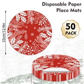 Red Christmas Placemats 50 Pack Pine Leaves Berry Paper Placemats Disposable 13 Inch Seasonal Winter Xmas Round Table Mats for Dinner Table Setting Christmas Birthday Wedding Party Supplies