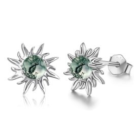 Cuoka Sun Studs Earrings 925 Sterling Silver Moss Agate Earrings Celestial Sunburst Pierced Earrings Jewelry for Women