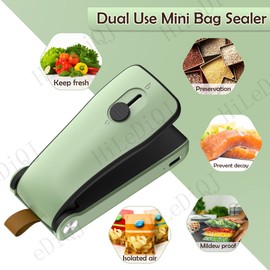 Mini Bag Sealer, Rechargable Sealer, 2 in 1 Heat Sealer with Cutter, Vacuum Plastic Bag Sealer, Handheld Portable Resealer, Keep Chips Cookies Fresh, GreenBlack