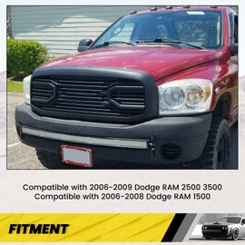 KUAFU Front Hood Bumper Grille Compatible with 2006-2009 Dodge RAM 2500 3500 2006-2008 Dodge RAM 1500 Replacement Shell Big Horn Horizontal Style Grill W/O Light- Matt Black