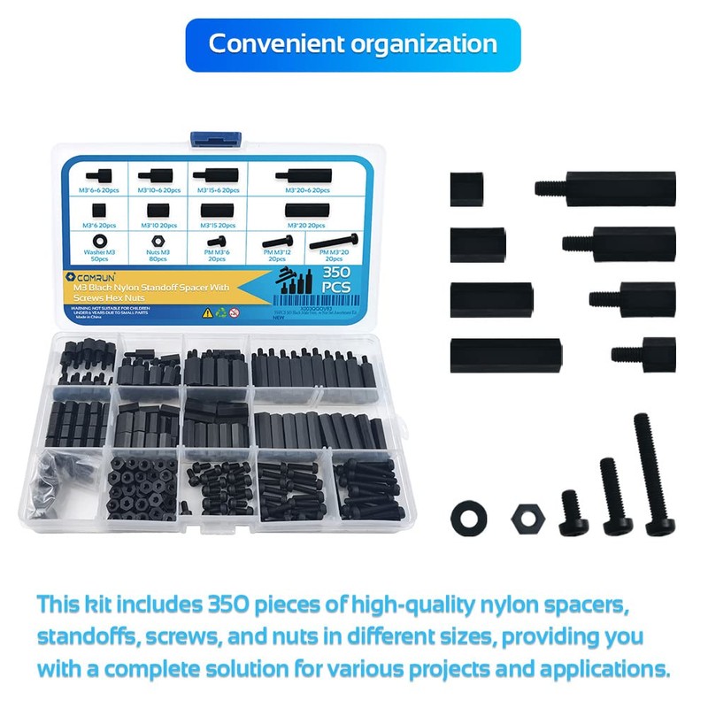 COMRUN 350PCS M3 Black Male Female Nylon Hex Spacer Standoff