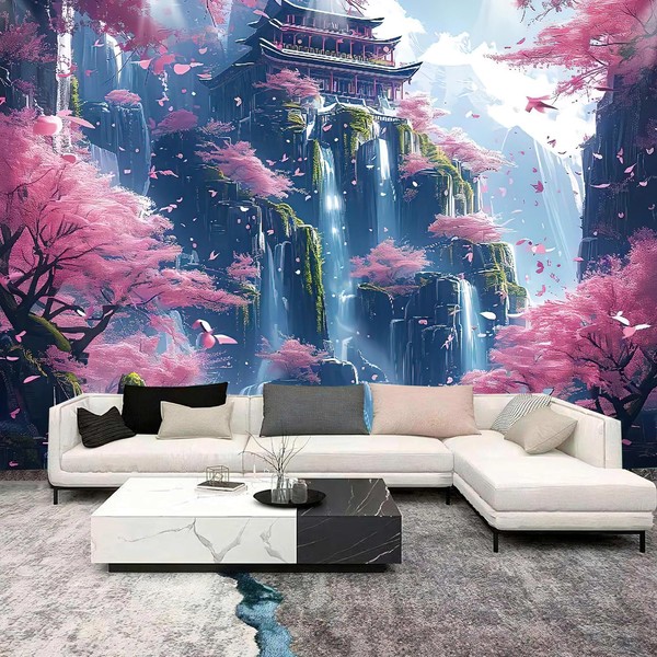 FENDROM Japanese Aesthetic Pink Cherry Blossom Tree Tapestry Building On