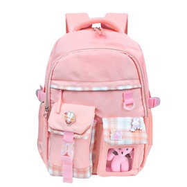 KingBig Girls School Backpack with Cute Pin Accessories Plush Pendant Kawaii School Backpack Cute Aesthetic Backpack for Teens Girls Women Students (Pink)