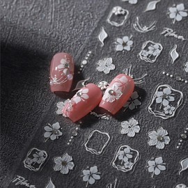 White Flower Nail Art Stickers 5D Embossed Flowers with Diamond Design Nail Decals Bronzing Adhesive Sliders for Women Girls DIY Nail Art Decorations Supplies