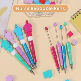 NEWEST 12 Pieces Nurse Beadable Pens kit Plastic Bead Pens with 36 Multicolor Beads DIY Nurse Bead Ballpoint Pen Bulk Black Ink Beaded Pens for Nurse Office School DIY Appreciation Gifts (C)