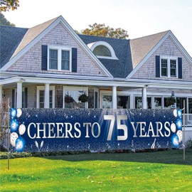 Large Cheers to 75 Years Banner Party Supplies Blue Silver Happy 75th Birthday Backdrop Background Decorations 75th Anniversary Backdrop Poster Sign Decor