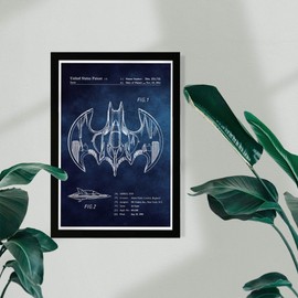 Wynwood Studio TV Framed Wall Art Prints 'Aerial Bat Toy Chalkboard' Movies Home Décor, 13" x 19", Blue, White