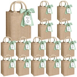 HCEWSBFD 15Pack Burlap Tote Bag Set Reusable Blank Bridesmaid Gift Bags Jute Burlap Grocery Bag with Thank You Gift Tags Chiffon Silk Ribbons for Wedding DIY Invitations Parties and Baby Showers