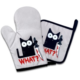 What?Funny Oven Mitts and Pot Holders Set,Silicone Non-Slip Insulated Oven Mitts,A Good Helper for Kitchen Cooking,Gifts for Cat Chefs and Cat Lovers
