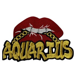 Patch Party Club, Poppin' Red Lip Aries with Gold Metallic Chain, Size 4", Iron-On Embroidered Patch, Astrology Zodiac Patch, DIY