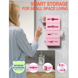 MKOSAB Qtip Holder,4 Pack Bathroom Organizer for Cotton Swabs,Balls,Pads, Floss, Hair Ties,Mini Q-tip Dispenser for Dorm,Office Storage,Vanity Accessories Home Decor,Wall Mounted No Drill (Pink-4)
