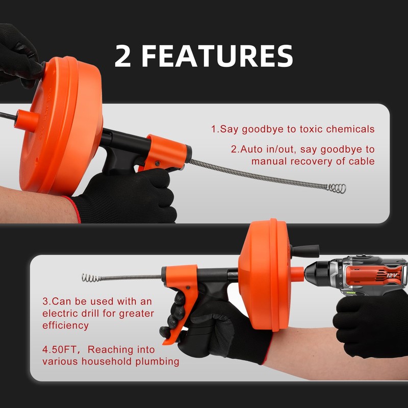 Upgrade Drain Snake Auger, 50 FT Flexible Plumbing Snake with