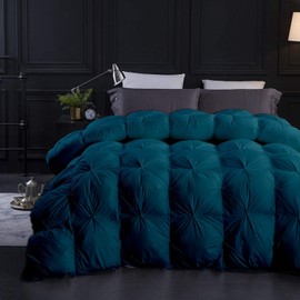 MOONLIGHT BEDDING All-Season 600 GSM 3 Pieces Quilted Pinch Pleated Fluffy Comforter Set (Comforter + 2 Pillow Cases) 800 Series 100% Cotton Duvet Insert (Super Queen, Teal Green)