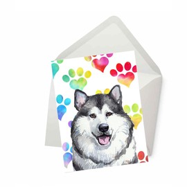 PICTURE THIS PRINTS Alaskan Malamute Dog Greeting Card for Dog Lover, Colorful Dog Lover Greeting, Rainbow Heart Paw Print Card, Pet Sympathy, Dog-Themed Thank You, Comes with Envelope (5x7”)