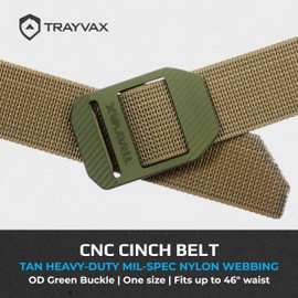 Trayvax Tactical Belt, Tan Nylon Web Cinch Belt for Men and Women, Outdoor Hiking and Military Accessories, CNC Machined, OD Green Buckle