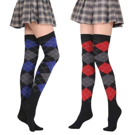 Pack of 2 Warm Winter Knee Socks Checked Pattern Inner Terry Towelling Women's Extra Long Socks Over Knee Socks Overknee Stockings Socks Casual High Boat Stockings