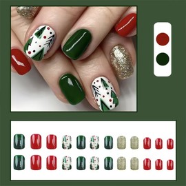 Christmas Press on Nails Short Square Fake Nails with Christmas Tree Design Christmas Nails Press ons Artificial Acrylic Nails Green Red False Nails Glossy Full Cover Glue on Nails for Women 24Pcs
