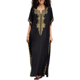 ZSWDXX Women Embroidery Loose Kaftan Casual Beach Bathing Suit Cover Up Long Caftans Maxi Dress, Black 23168, One Size