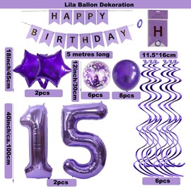 SNOWZAN Balloons 15th Birthday Decoration Purple 40 Inch Giant Numbers Balloons, Latex Foil Balloons Pack of 25