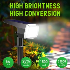 hyrion Solar Spot Lights Outdoor Waterproof, 64 LEDs Bright Solar Spotlights, 3 Lighting Modes Landscape Lights Dusk to Dawn for Outside Yard Tree Garden Pathway, Cool White, 2 Pack