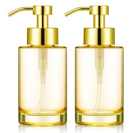 2 Pack Glass Soap Dispenser with Plastic Pump, 12oz Thick Glass Gold Hand Liquid Soap Dispensers, Lotion Dispenser for Bathroom,Kitchen