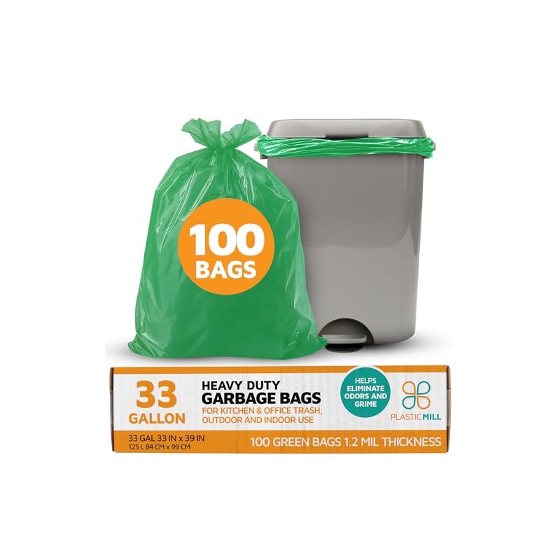 PlasticMill Heavy Duty Trash Bags - Green Garbage Bags -