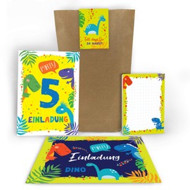 Junaversum 10 Einladungskarten zum 5. Kindergeburtstag Jungen Dinosaurier Einladungen fünfte Geburtstag incl. 10 Umschläge, 10 Tüten, 10 Aufkleber, 10 Blöcke