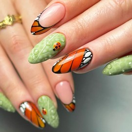 French Tip Press on Nails Medium Length Green Leaf Fake Nails with Water Drops Designs Autumn Ladybug Acrylic Nails Almond Shape Full Cover Butterfly Wings False Nails Stick on Nails for Women 24Pcs