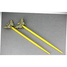 Perfect Hairstyle with Our Hair Accessories - Yellow Set Of 2 Butterfly Hair Chop Sticks Wood Picks Pins Print 7 1/8" Long Fashionable Hair Accessory Hair Jewelry Accessories for Lady Women
