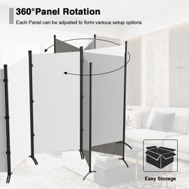 Room Divider 6-Panel Privacy Screen, Portable Screen Steel Frame with Hook&Loop for Home, Office, Classroom, Studio, Meeting White