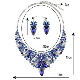 Qlavoca Rhinestone Crystal Rib Statement Necklace Earrings Charming Spark Chunky Collar Necklace Earrings Women Fashion Jewerly Set (Royal Blue)