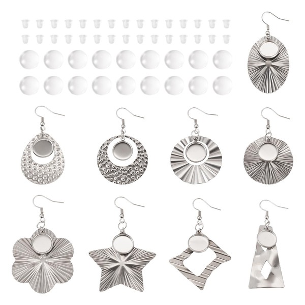 FASHEWELRY 18Pcs Stainless Steel Texture Earring Bezel Trays Dangle Round