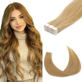 Tape-In Hair Extensions, Human Hair, Real Hair Extensions, Seamless Remy Hair Extensions, Invisible Straight Tape-In Hair Extension, Human Hair, Straight Hair Extensions (27#, 16 Inches (40 cm) - 40 g