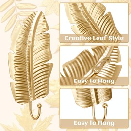 QUMENEY Decorative Wall Hooks Leaves Hooks, Gold Hanging Hook Metal Key Holder, Leaf Vintage Coat Towel Hanger Hat Scarf Hanging for Entryway Home Decor (10)