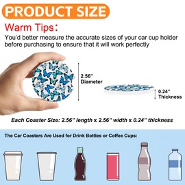 sndheke Car Cup Holder Coaster for Drinks, 2 Pack Car Coasters for Cup Holder, Blue Butterflies Anti-Slip Absorbent Ceramic Car Cup Coasters with Cork Base for Drinks Coffee Women Men 2.56"