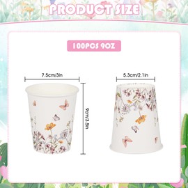 AimFun 100Pcs Wildflower Paper Cups Watercolor Floral Party Cups 9oz Rustic Botanical Butterflies Disposable Coffee Cups for Spring Summer Birthday Bridal Baby Shower Tea Party Supplies