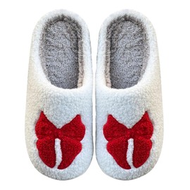 NENFAL Women's Bow Slippers - Soft Memory Foam Plush Fluffy Warm Fur Lined Red Bowknot Slippers 41-42