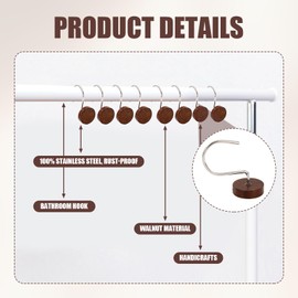 Modern Shower Curtain Hooks - Elegant Wooden Shower Curtain Hooks, Silver Metal Shower Curtain Rings, Suitable for Bathroom Decoration, Bedroom, Living Room, Rust-Proof and Easy to Install