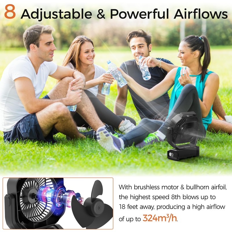 Camping Fan with Light - 20000mAh Rechargeable Battery Fan, 112Hrs