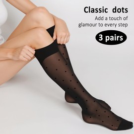 3 Pairs Women's Sheer Knee High Stockings, Black Dot Sheer Thin Socks, Stretchy Breathable Knee High Socks, Elegant Design, Reinforced Toe, Retro Vintage Style for Summer, Party, Various Occasions