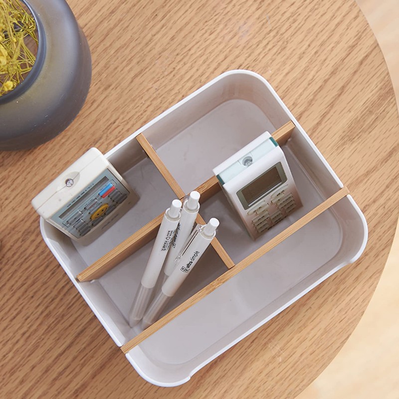 VICDUEKG Desk Organiser, 5 Compartments Bamboo Office Organiser with Pen
