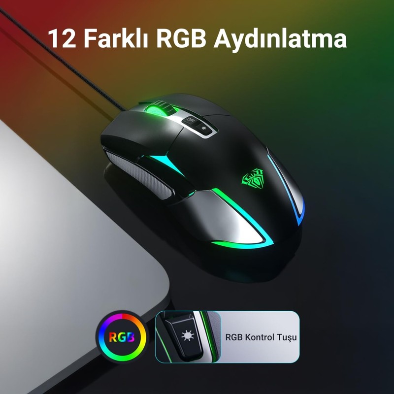 Aula F816 RGB Efektli 12800DPI Kablolu Optik Gaming Oyuncu Mouse