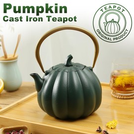 SKIKEN Pumpkin Cast Iron Teapot with Infuser - Japanese Kettle with Enamel Interior for Loose Leaf Brewing, 40oz Traditional Tetsubin, Stainless Steel Filter, Stovetop Safe (Dark Green)