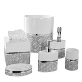 Creative Scents Mirror Damask White and Gray Bathroom Accessories Set - 6 Piece Bathroom Accessory Set Includes: Trash Can, Tissue Box Cover, Soap Dispenser, Soap Dish, Toothbrush Holder & Tumbler