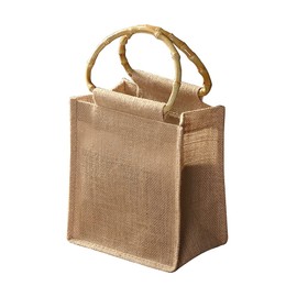 DDFF Jute Handbag, Shopping Bag Made of Jute, Bamboo Shopping Bag with Ring Handles, Bag with Bamboo Handle, for Shopping, Picnic, Gifts, Travel, Beach, brown