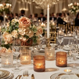 36 Pack Vintage Amber Votive Candle Holders, Glass Small Tea Lights Candle Holders for Table Centerpiece for Home Decor Party Fall Boho Decor (Amber)