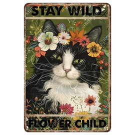 snowsun Vintage Metal Signs Cat Stay Wild Flower Child Funny Tin Sign Home Decor Wall Plaque for Living Room Bedroom Garden Yard Cafe Garage 8×12 Inches