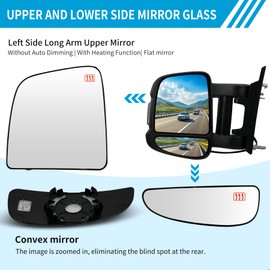 Convitex Left Side Upper and Lower Extension Long Arm Mirror Heated Convex Glass with Rear Holder for Ram ProMaster 1500 2500 3500 for 2010-2023, Driver Side View Mirror