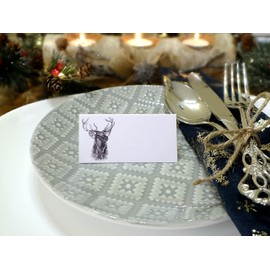 Stag Christmas Place Cards in White - Reindeer Dinner Party Guest Name Card - Pack of 12