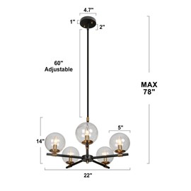 KSANA Black and Gold Chandelier, Modern 5-Light Dining Room Chandelier Light Fixture with Seeded Glass Globes for Kitchen, or Living Room